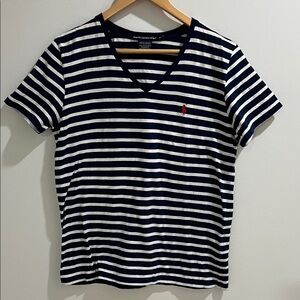 Ralph Lauren Sport Women’s Tshirt XL V Neck Striped Tee Polo Red Cotton Casual